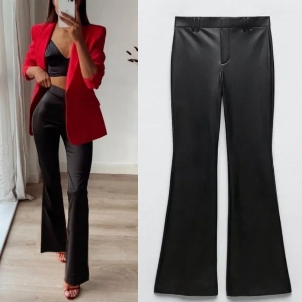 NWT ZARA FAUX LEATHER FLARED PANTS BLACK